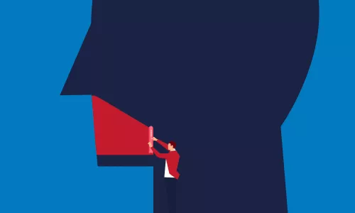 Illustration of a man using red tape to shut the mouth of a large head